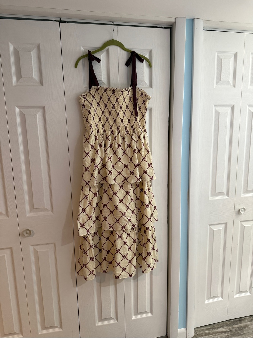 Francesca's Collections Cream Sundress with Burgundy Lattice & Tie Straps